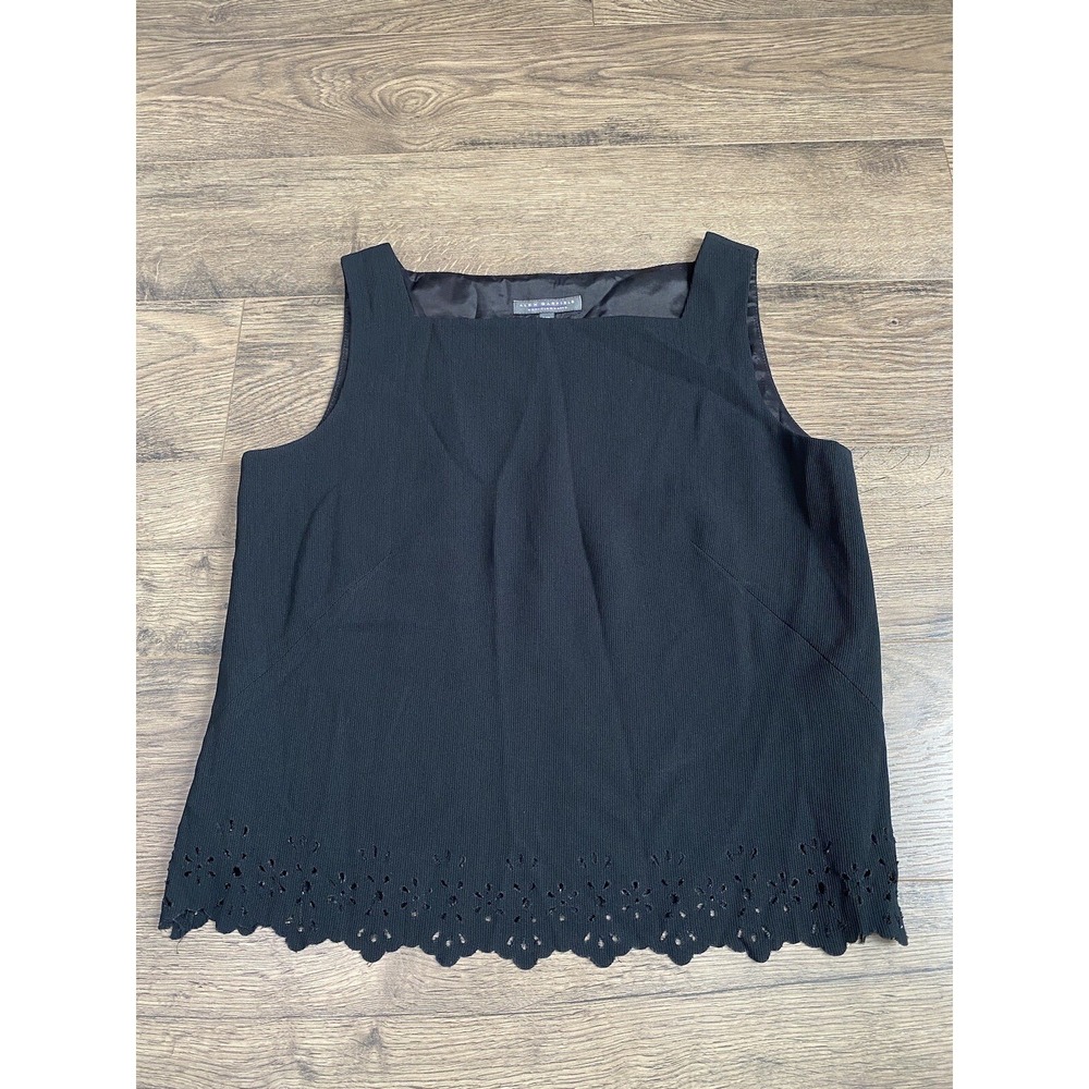 EUC Womens Alex Garfield Black Square Neck Laser Cut Out Tank Top USA Made SZ 10